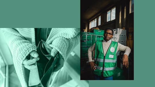 Collage aus einem Porträt von Amine Diare Conde, dem Gründer von «Essen für alle», und dem Bild eines leeren Portemonnaies.