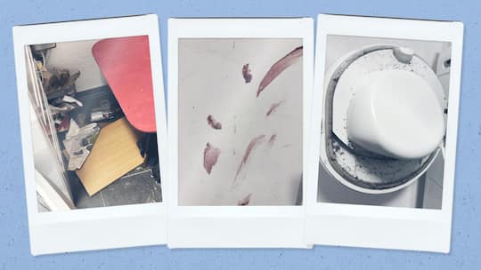 Beobachter Collage zum Thema Drogenhölle - die privaten Bilder zeigen die verschmutzte Waschküche (Abfall neben Waschmaschine, Blut an der Wand, Schmutz) Quelle: Privat, Freepik – Montage: Beobachter Collage erstellt am Mittwoch, 11. März 2026. …