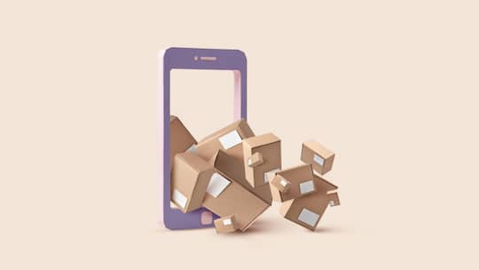 Cardboard boxes with blank space falling out of paper smartphone mock up against beige background with space for text. Concept of online shopping, delivery and dropshipping concept.