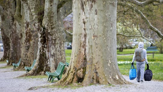 Un homme sans-abri (homless) portant ses effets personnel traverse le jardin botanique, ce dimanche 11 avril 2021 a Geneve. (KEYSTONE/Salvatore Di Nolfi)
SCHWEIZ ARMUT OBDACHLOSIGKEIT