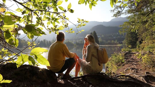 They look off to distant mountain, forest and lake scene
1168466353