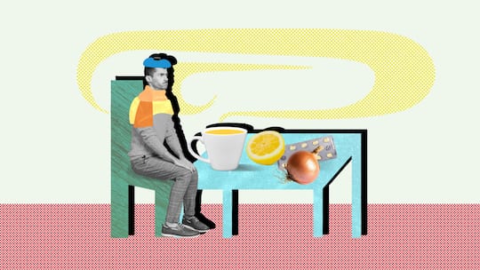Collage, rstellt am Dienstag, 4. November 2025 für den Beobachter. Bildmaterial: Shutterstock Orginal Image ID: shutterstock_2237011457 Creative photo 3d collage artwork postcard poster of stressed depressed man receive treatment hot beverage isolat…