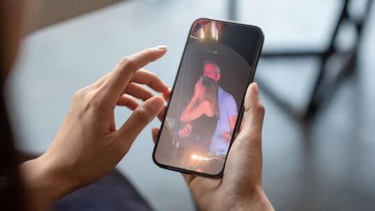 Close-up of a businessman hand holding a smartphone white screen is blank the background is blurred.Mockup.