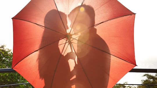 Silhouette of an affectionate couple standing behind an umbrella
Original File ID: 475414969