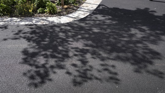 Der Schatten eines Baums auf dem Asphaltboden des Brown Boveri Platzes in Baden, fotografiert am Dienstag, 9. September 2025 in Baden. (Keystone/Gaëtan Bally)SCHWEIZ BAUM SCHATTEN