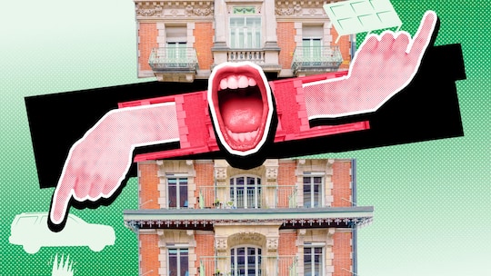 Ein weit aufgerissener Mund aus dem zwei Hände reichen ist vor einem Wohnhaus in einer Illustration platziert - Querulanten sind Menschen, die sich unnötigerweise beschweren und dabei starrköpfig auf ihr vermeintliches Recht pochen. Das können Nachbarn tun, wenn sie einen Querulanten im Stockwerkeigentum haben.