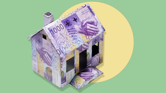 Ein Haus aus Papierscheinen. Collage zum Thema: Wer ein Haus kaufen will, braucht Geld.