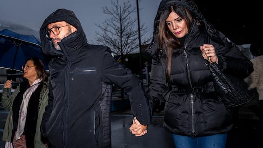 The owner of Le Constellation bar, Jessica (R) and Jacques Moretti (L) arrive for a hearing at the Office of the Public Prosecutor of the Canton of Valais in Sion on February 12, 2026. 41 people, most of them teenagers, were killed, while 115 were in…