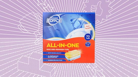 Collage Beobachter Best of Test Geschirrspültabs Produktbild Aldi Power Force All-In-One Quelle: https://www.test.de/Geschirrspuelmittel-Multitabs-im-Test-4840806-detail/320000040700!0008-00/