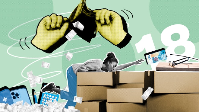 Hier lauern die Schuldenfallen Eine junge Frau beugt sich über Kartonschachteln. Um sie herum fliegen Quittungen und eine illustrierte Hand öffnet ein Portemonnaie. Werden Jugendliche volljährig, übernehmen sie Verantwortung über ihre eigenen Finanzen. Dabei ist die Schuldenfalle nicht weit entfernt. Das können sie tun, damit es nicht so weit kommt.