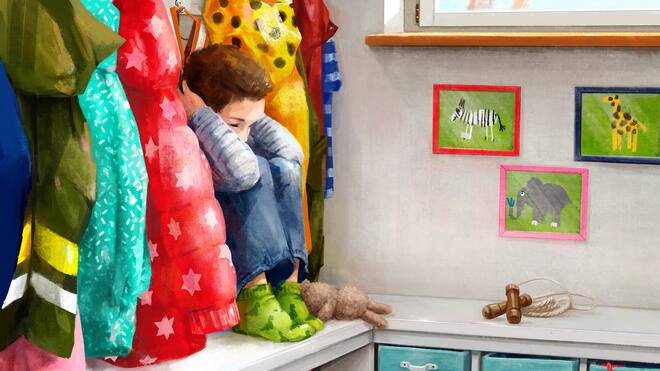 Stempel Sonderklasse – einmal drin, nie mehr raus? Illustration zum Fall Sonderschule mit Kind, das sich die Ohren zuhält und sich in den Jacken versteckt. Wegen einer chronischen Ohrenentzündung kommt Tim in eine Sonderschule – als Übergangslösung. Doch erst drei Jahre später erhält er wieder die Chance auf einen Platz in der Regelschule.