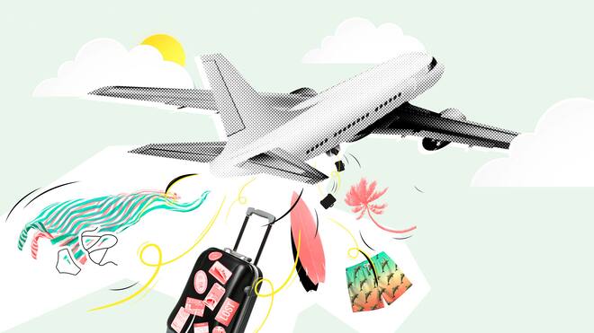 Koffer weg – was nun? Ein Flugzeug vor hellgrünem Hintergrund, aus dem Koffer, Palmen und eine Hose fallen. Wenn Reisegepäck verloren geht oder beschädigt wird, haben Sie Anspruch auf Entschädigung.