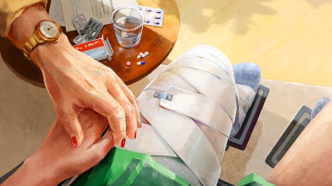 Zwei Frauen am Abgrund Illustration einer Frau, die im Rollstuhl sitzt und ein Bein eingebunden hat. Ihre Mutter hält ihre Hand, neben ihnen Pillen auf einem kleinen Tisch. Nach einem Reitunfall kämpfen sich eine junge Frau und ihre Mutter durch ein Leben voller Schicksalsschläge. Die tragische Abwärtsspirale zweier Leben, die einst voller Hoffnung waren.