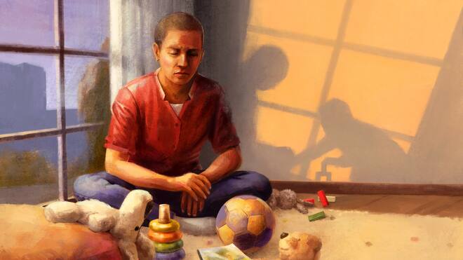 Sterben ohne ein Adieu Illustration von Frau mit Krebs, die vor Spielzeug sitzt. Eine 38-jährige Frau hat Brustkrebs im Endstadium. Ihren vierzigsten Geburtstag wird sie kaum noch erleben. Nun hat das Regionalgericht entschieden: Sie darf ihre vier Kinder nicht mehr sehen.