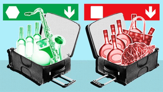 Diese Reise-Souvenirs sorgen für Probleme am Zoll Zwei geöffnete Koffer mit Reisesouvenirs stehen vor einem grünen und roten Ausgang. Wer vom Ausland in die Schweiz reist, hat je nachdem deklarationspflichtige Ware dabei, die am Zoll angemeldet werden muss. Das sind die geltenden Einfuhrbestimmungen im Reiseverkehr.