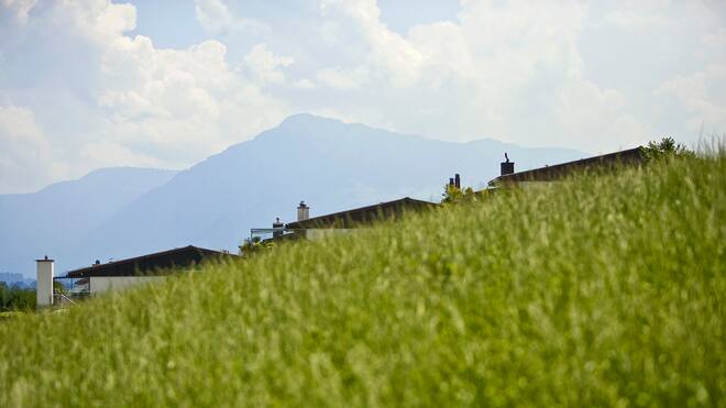 Warum Eigenheimbesitzer bald mehr zahlen müssen Bild von drei Einfamilienhausdächern hinter einem Hügel.
