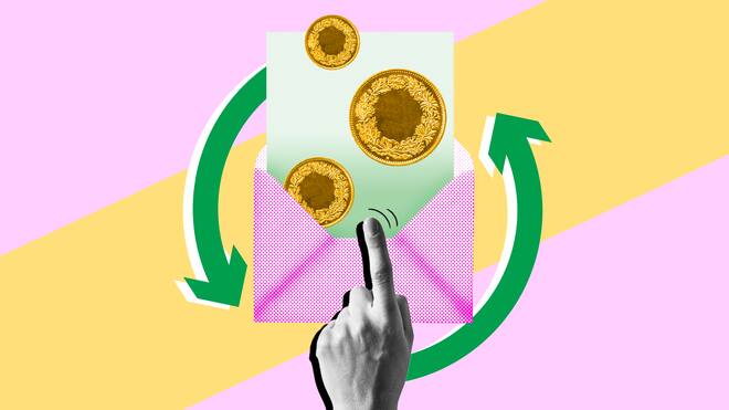 Auch das Betreibungsamt macht Fehler Eine Hand zeigt auf einen Briefumschlag mit Goldmünzen, um den sich zwei grüne Pfeile drehen. Wie man eine betreibungsrechtliche Beschwerde einleitet.