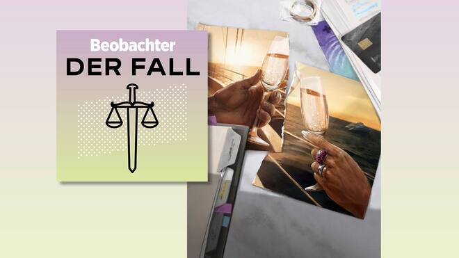 Viel ist nicht genug Illustration Beobachter Podcast der Fall. Zwei Hände stossen vor Sonnenuntergang auf einer Yacht mit Champagner an.