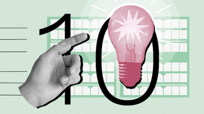 Die 10 besten Steuertipps Collage mit der Zahl zehn und einer Glühbirne - Alle müssen die Steuererklärung ausfüllen - mit Betonung auf müssen. Mit diesen zehn Tipps gehen Sie Schritt für Schritt und ohne Stress vor