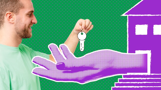 Wann Untermiete erlaubt ist – und wann nicht Ein Mann hält einen Schlüssel über eine übergrosse Hand, die aus einem Haus ragt. Was bei Untermiete gilt.