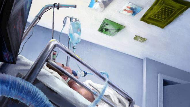Ins Bodenlose gestürzt Mann liegt mit Beatmungsgerät und Infusion in einem Spitalbett. Auf einer Baustelle fällt Jonas Haas sechs Meter in die Tiefe und wird zum Pflegefall. Die Umstände sind bis heute unklar.