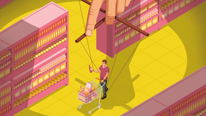 Warum wir kaufen, was wir kaufen Ein Konsument schlendert durch die Einkaufsregale eines Supermarkts und wird dabei von einer unbekannten Hand wie eine Marionette gesteuert.