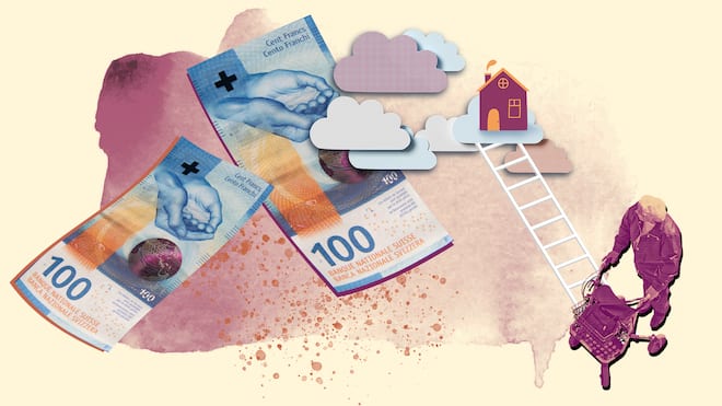 Was ein Pflegeheim wirklich kostet Ein Senior geht mit einem Rollator und blickt dabei auf ein Haus in den Wolken, um das zwei Hunderternoten angelegt sind. Wer in ein Alters- oder Pflegeheim zieht, fragt sich, was das alles kostet. Ein Überblick zu den Heimkosten