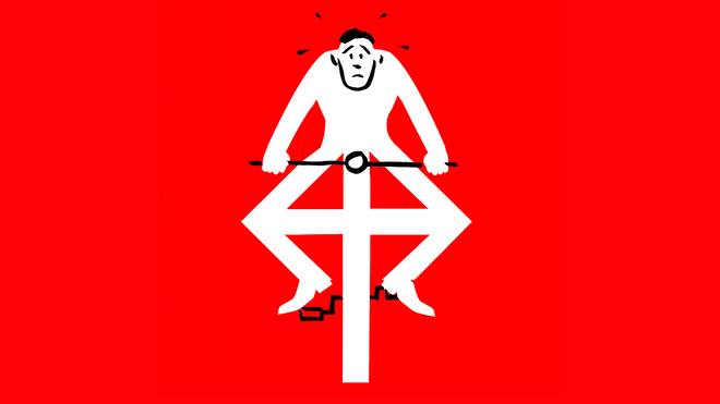 Einmal Wahnsinn retour Illustration: Mann sitzt auf Velo und bildet mit seinen Beinen das SBB-Logo