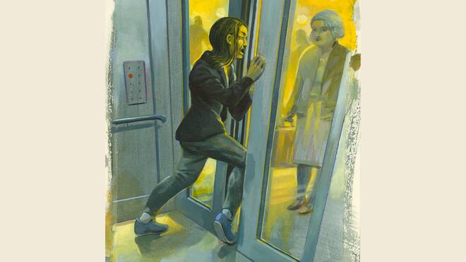 «Bin ich nicht krank genug?» Illustration: Frau klemmt sich Bein in Lifttür ein und wird schwer verletzt