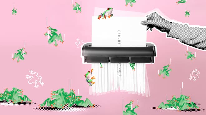 Hilfe, ein Verlustschein – so werden Sie ihn wieder los Papier mit der Aufschrift "Verlustschein" wird durch einen Aktenvernichter geschoben vor rosa Hintergrund. Verlustscheine stellt das Betreibungsamt aus, wenn jemand nicht zahlen kann.