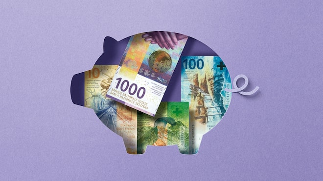 Mit diesen 100 Tipps senken Sie Ihre Ausgaben Collage mit Sparsäuli und Geld – Der Beobachter erklärt, warum sich unser Gehirn mit Sparen so schwertut. Und zeigt Ihnen, wie Sie weniger Geld ausgeben können