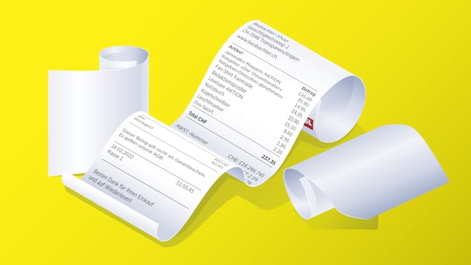 Was soll man mit Quittungen machen? Auf einer illustrierten Quittung stehen diverse Einkäufe.