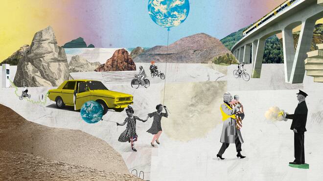 Geht Klimaschutz nur für Reiche? Illustration einer Landschaft mit einer Zugbrücke im Hintergrund und einem Strand im Vordergrund, auf dem zwei Kinder herumtollen, mit einem Ballon in der Hand, der der Weltkugel gleicht.