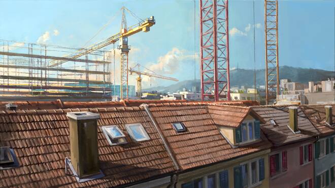 Der Mann, der vom Himmel fiel Illustration mit Dächern und Kranen. Der spanische Saisonarbeiter und die Zürcher Rentnerin hatten keine Berührungspunkte. Bis ein fataler Sturz das änderte.