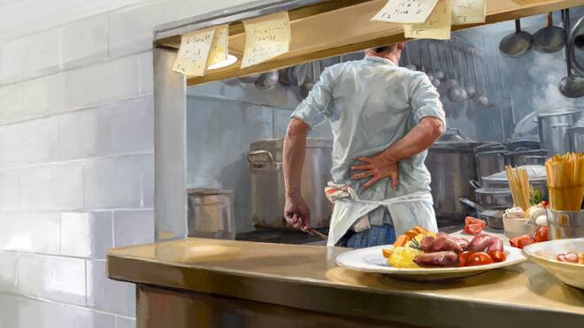 «Ich wusste nicht mehr weiter» Illustration Hilfskoch mit Rückenschmerzen. Als Baby hatte Grischan Thoma eine schwere Blutvergiftung. Als Erwachsener kann er im Arbeitsmarkt kaum Fuss fassen, für die IV ist er nicht krank genug. Was nun?