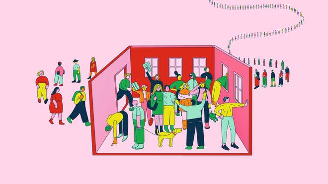Uns gehen die Wohnungen aus Illustration von Wohnung mit langer Schlange für die Wohnungsbesichtigung. Die Wohnungsnot treibt viele in die Verzweiflung – und wird nun zum Wahlkampfthema. Was das mit Schweinen zu tun hat.