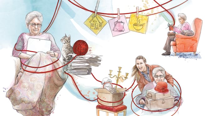 Welche Planung braucht es für den Heimeintritt? Zeichnung einer älteren Frau mit ihrer Katze bei verschiedenen Tätigkeiten, alles ist mit Strickwolle umwickelt