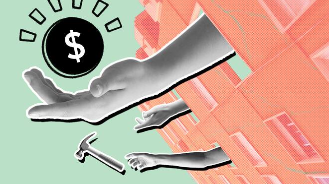 Wer zahlt für Renovationen im Stockwerkeigentum? Drei Hände ragen aus einer Hausfassade und greifen nach einer Münze und einem Hammer - Wer die Kosten für Renovationen im Stockwerkeigentum trägt.