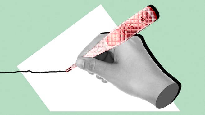 Was gilt, wenn ich krankgeschrieben wurde? Eine Hand schreibt mit einem Fieberthermometer einen Brief - Wer krankgeschrieben ist, sollte wissen, welche Rechte ihm oder ihr zustehen. Die häufigsten Fragen und Antworten zur Arbeitsunfähigkeit in der Schweiz