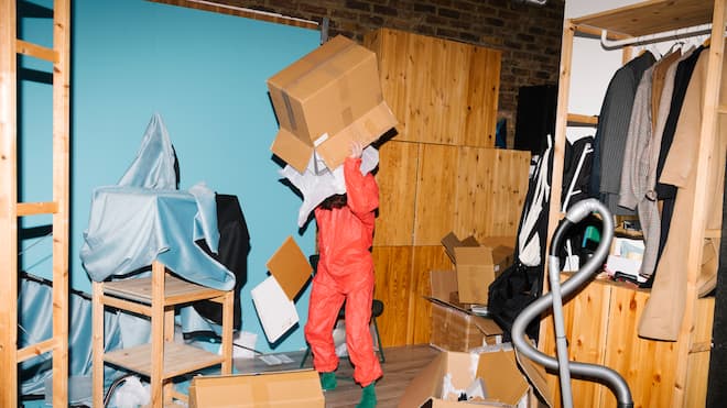 Ausmisten – so klappt es am besten Eine Person in Schutzanzug trägt einen Karton inmitten von Gerümpel. Wie man Zeug am besten entsorgt.