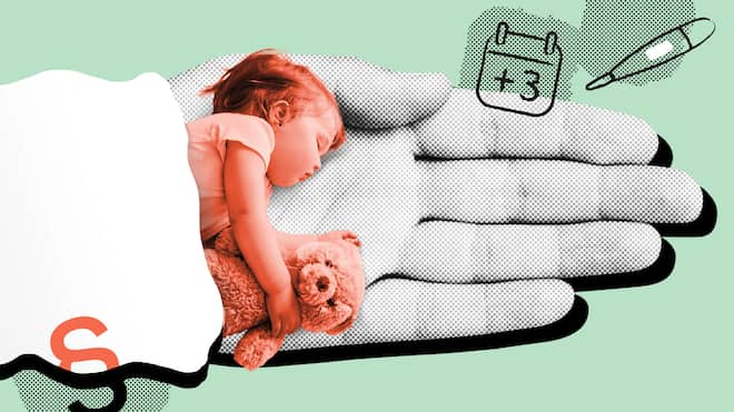 Meine Tochter hat Fieber – muss ich zur Arbeit? Ein kleines Kind schläft mit einem Stofftier auf einer grossen ausgebreiteten Handfläche neben einem Fieberthermometer und einem Kalendereintrag, auf dem «+3» geschrieben steht - Diese Rechte haben berufstätige Eltern in der Schweiz, wenn sie aufgrund von Familienpflichten nicht arbeiten können.