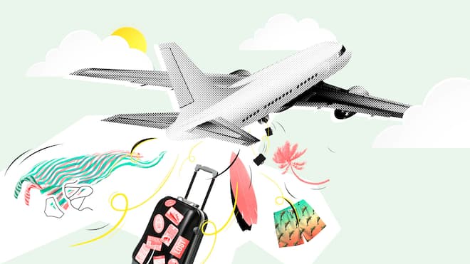 Koffer weg – was nun? Ein Flugzeug vor hellgrünem Hintergrund, aus dem Koffer, Palmen und eine Hose fallen. Wenn Reisegepäck verloren geht oder beschädigt wird, haben Sie Anspruch auf Entschädigung.