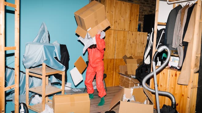 Ausmisten – so klappt es am besten Eine Person in Schutzanzug trägt einen Karton inmitten von Gerümpel. Wie man Zeug am besten entsorgt.