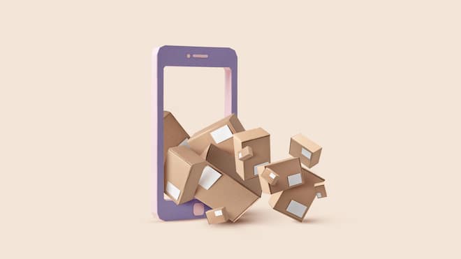 Ein Onlinegeschäft auf wackligen Beinen Cardboard boxes with blank space falling out of paper smartphone mock up against beige background with space for text. Concept of online shopping, delivery and dropshipping concept.