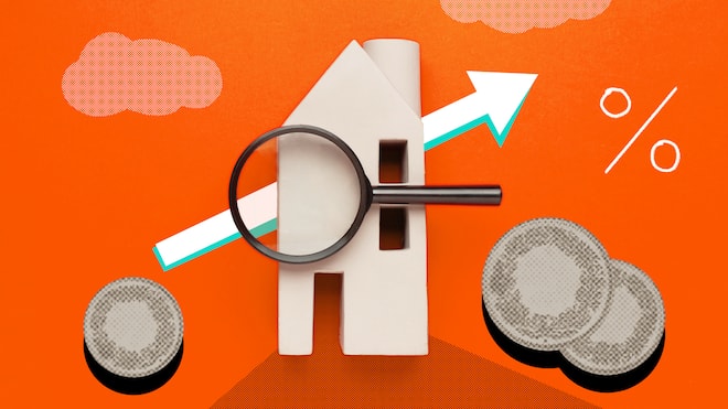 Anfechten kann sich auszahlen Ein kleines Haus steht vor einem roten Hintergrund, auf dem ein Pfeil nach oben zeigt sowie Frankenstücke daneben liegen. Wer in eine Mietwohnung zieht und befürchtet, dass der Mietzins missbräuchlich hoch sein könnte, hat gute Chancen auf eine Anfechtung des Anfangsmietzinses.