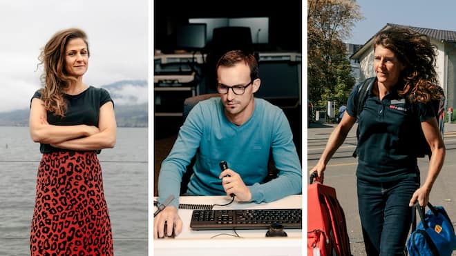 Wie Fluglotsen und Notfallärztinnen Ruhe bewahren Nicole Haut-Cavegn (selbständige Unternehmerin), André Reinmann (Fluglotse) und Simone Meyer (Notfallärztin)