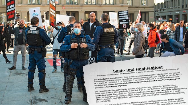 «Das ist mit Sicherheit kein gültiges Attest» Die Polizei kontrolliert Corona-Skeptiker auf dem Bundesplatz in Bern / Das Attest von Anwalt Raschein