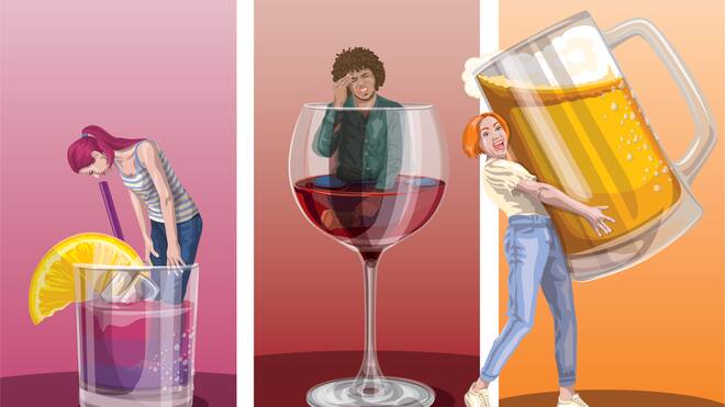 Deshalb brummt nach zu viel Alkohol der Schädel Illustration mit Menschen und Alkohol - Nach einer Nacht mit viel Alkohol pulsiert es im Kopf. Wie entstehen Katerkopfschmerzen und was lässt sich dagegen tun