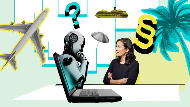 Was verstehst du vom Pauschalreiserecht, ChatGPT? Beobachter-Rechtsexpertin Nicole Müller stellt juristische Fragen an den Chat-Bot «ChatGPT». Die künstliche Intelligenz ist als Roboter dargestellt, die aus einem Laptop-Bildschirm hinausragt. Beim Thema Schweizer Pauschalreiserecht konnte die Rechtsexpertin die KI aufs Glatteis führen.