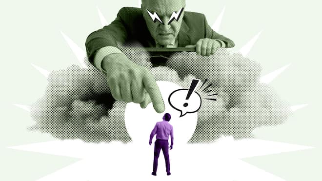 Wann eine Kündigung missbräuchlich ist Ein übergrosser Mann im Anzug und mit Blickaugen auf einer Wolke zeigt auf einen kleinen Mann. Gegen missbräuchliche Kündigungen kann man sich wehren – 7 Beispielfälle.